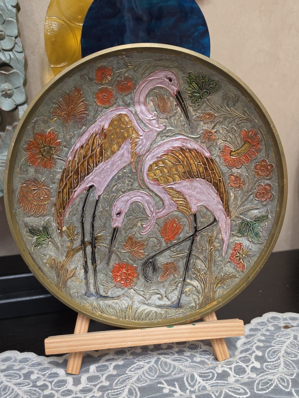 Vtg Heavy Brass Decorative Flamingo Relief Wall Art - Pink and Gold